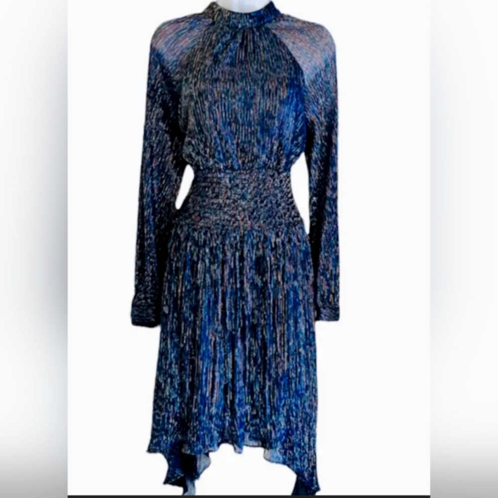 Foxiedox Women’s Dress Size Medium High Neck Long Sleeves Metallic Shift Stretch